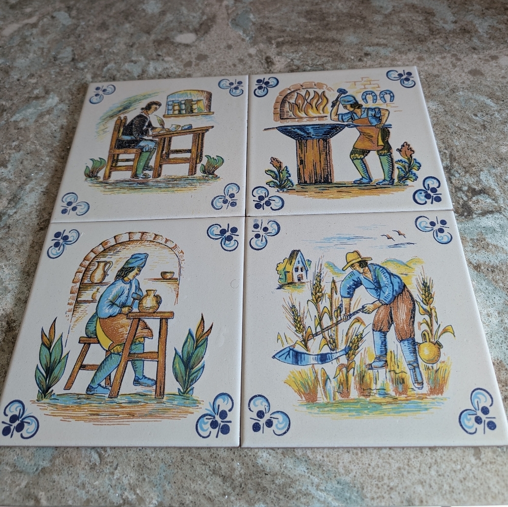 Vintage Ceramic Lot of 4 Tiles Artisan Work Folk art Pottery Villarreal Spain